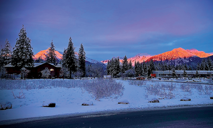 Winter view of the Mendenhall branch with snowy mountains in the background in juneau alaska