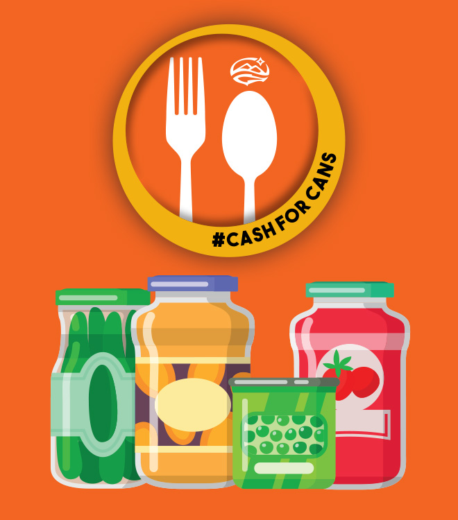 CASH FOR CANS FUNDRAISER DISPLAYING LOGO AND GRAPHICS OF SHELF STABLE FOOD