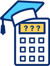icon of calculator with question marks in the display window with a graduation cap hanging on the corner