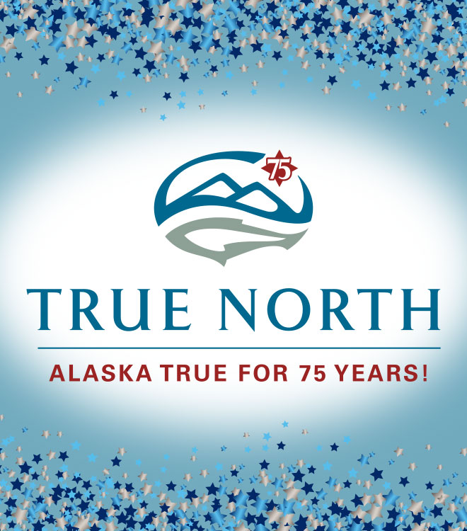 confetti background surrounding true norths logo celebrating their seventy fifth anniversary