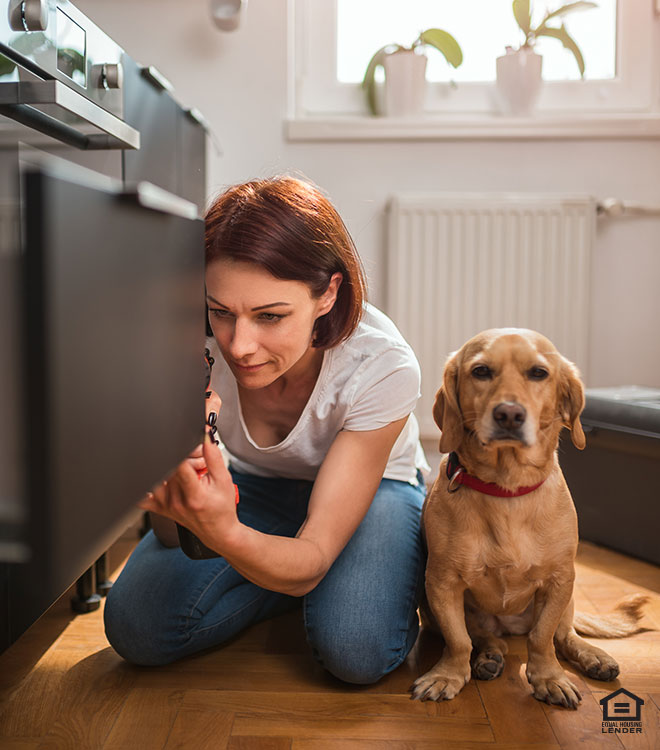 WOMAN DOING CABINET REPAIRS WITH A DOG NEXT TO HER NOT LOOKING IMPRESSED